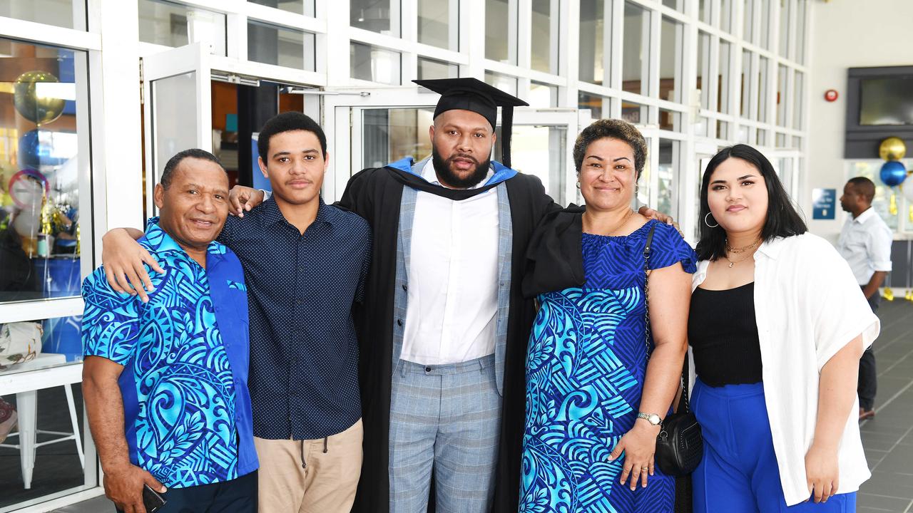 Kerupa Waim, Kerssler Waim, Clyde Waim, Susie Waim and Silania Enosa at the James Cook University 2023 Graduation. Picture: Shae Beplate.