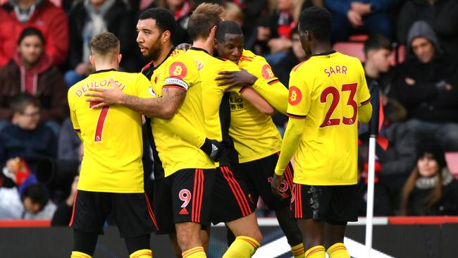 Abdoulaye Doucour of Watford celebrates after scoring his side’s first goal against Bournemouth. Picture: Getty Images