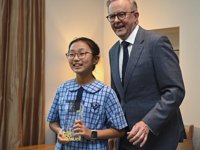 Reigning champion in the Years 3-4 category of the Prime Minister’s Spelling Bee, Joanne Lee is pictured in Canberra meeting Prime Minister Anthony Albanese as part of her prize. Picture: NCA NewsWire/Martin Ollman