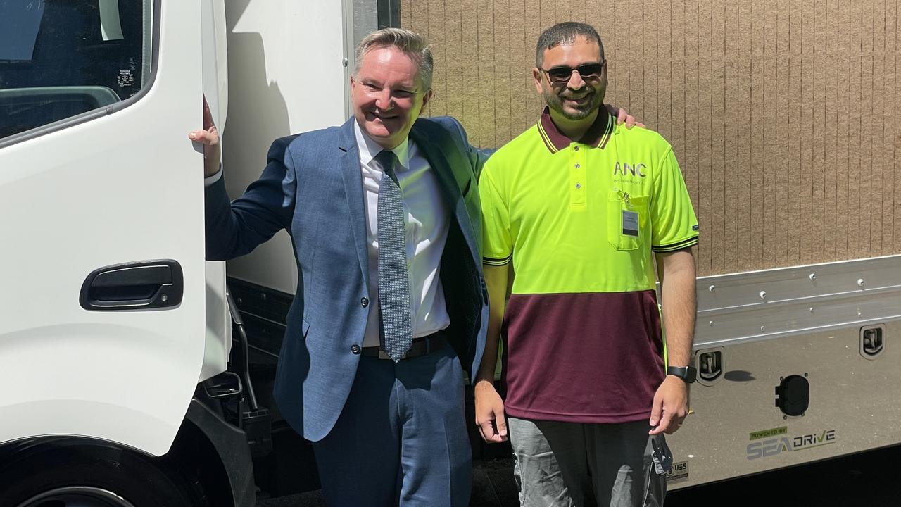 Minister for climate change Chris Bowen with lectric truck driver Calvin D'Silva.