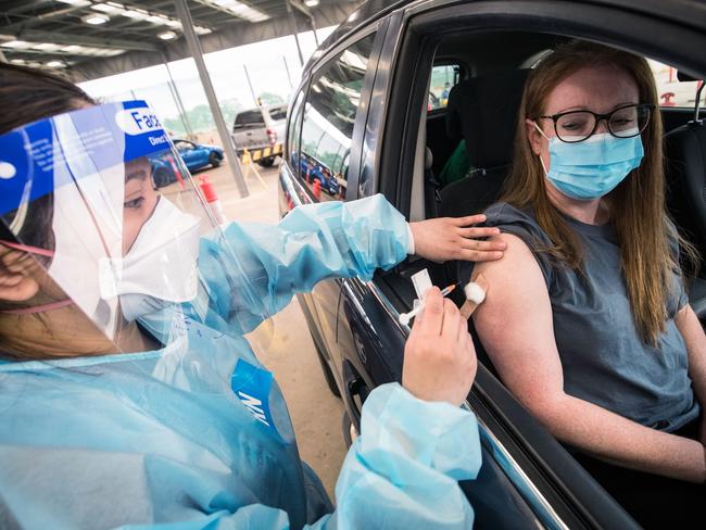 A drive-through vaccination centre in Melbourne. Picture: Darrian Traynor/Getty Images