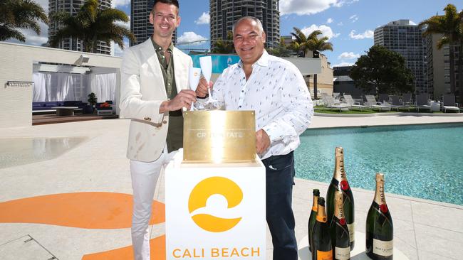 Artesian Group’s Matt Keegan and Mayor Tom Tate at the opening of Cali Beach Club. Picture: Glenn Hampson