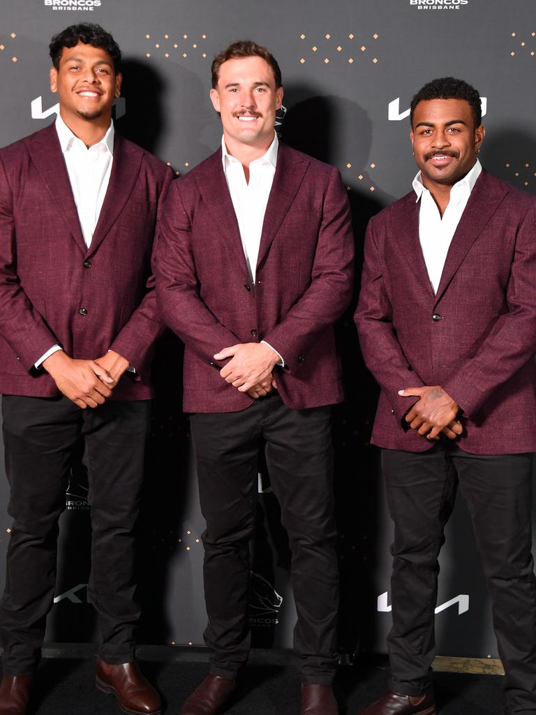 Selwyn Cobbo, Kobe Hetherington and Ezra Mam at the Broncos’ 2025 season launch at The Star Brisbane. Picture: John Gass