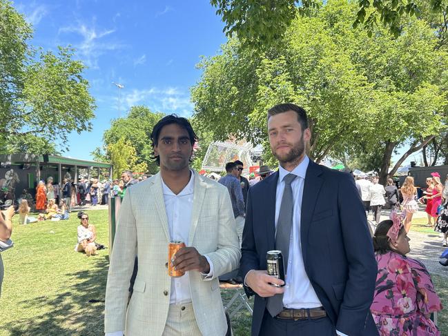 Sachenn Somasundaram and Shea Sigley enjoying the Melbourne Cup. Picture: Oscar Jaeger