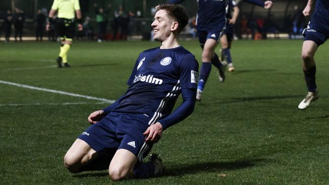 Emlyn Wellsmore celebrates a goal for Oakleigh Cannons. Picture: Daniel Pockett