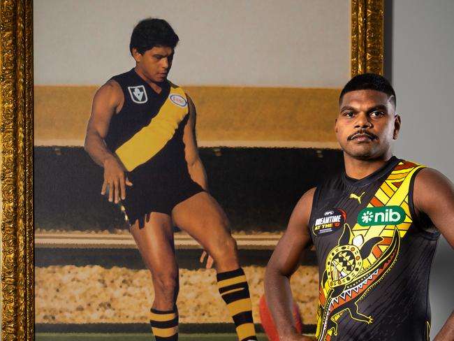 Richmond forward Maurice Rioli Jr in the Dreamtime guernsey he designed for Sir Doug Nicholls Round 2024. He is pictured in the club's Maurice Rioli Centre, named in his father's honour. Picture: Richmond FC