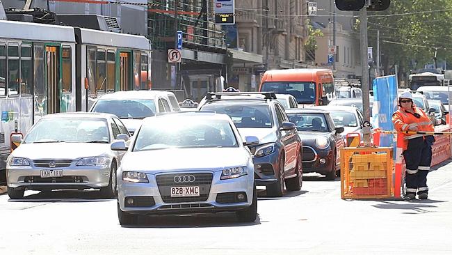 Heavy traffic on Flinders Street. Picture: Mark Stewart