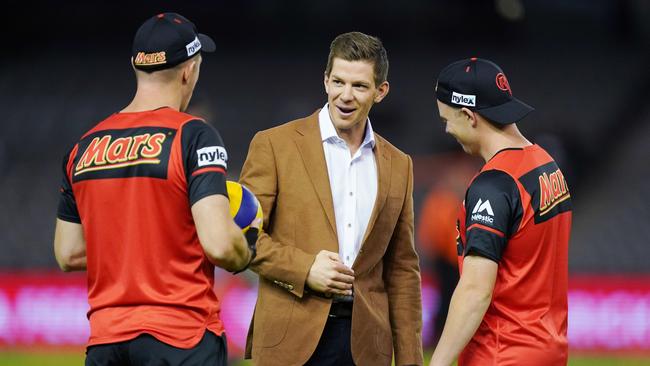 Tim Paine talks to the Melbourne Renegades before a commentary stint. Picture: AAP