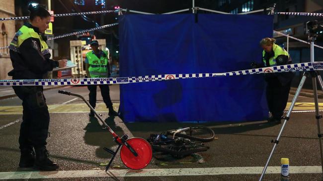 A food delivery driver was hit by a truck and killed in Surry Hills on Monday. Picture: Justin Lloyd