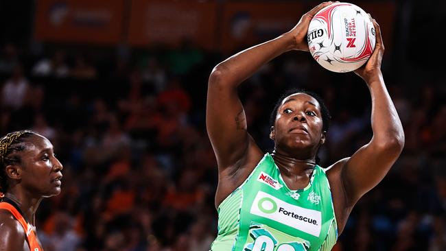SYDNEY, AUSTRALIA - APRIL 13: Jhaniele Fowler-Nembhard of the Fever receives the ball during the round one Super Netball match between Giants Netball and West Coast Fever at Ken Rosewall Arena, on April 13, 2024, in Sydney, Australia. (Photo by Jenny Evans/Getty Images)