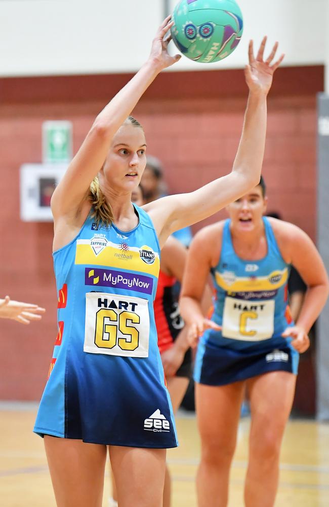 Brisbane North Cougars (red) vs Gold Coast Titans, Netball Sapphire Series, Nissan Arena. Picture: Patrick Woods.