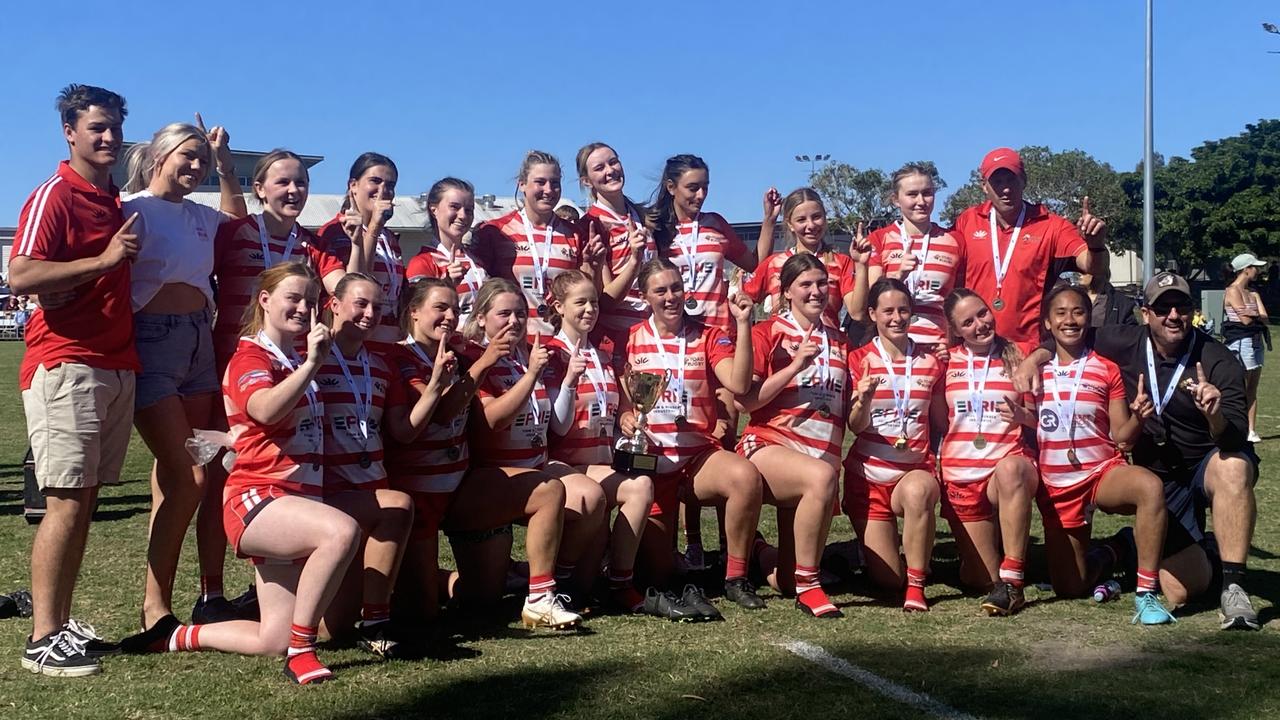 Nambour Toads celebrate winning the 2023 Sunshine Coast senior women's grand final.