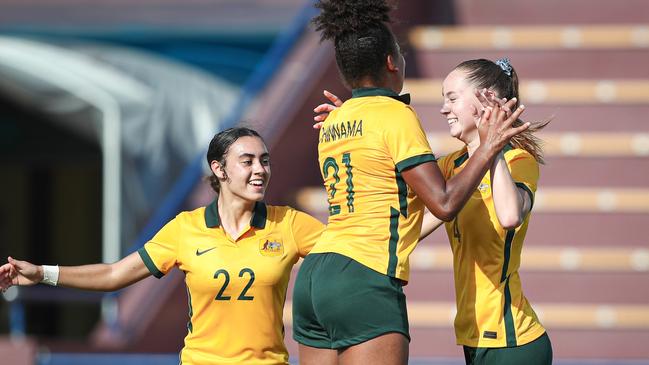 Gemma Ferris (right) celebrates her goal for the Young Matildas during the AFC U20 Asian Cup qualifiers.