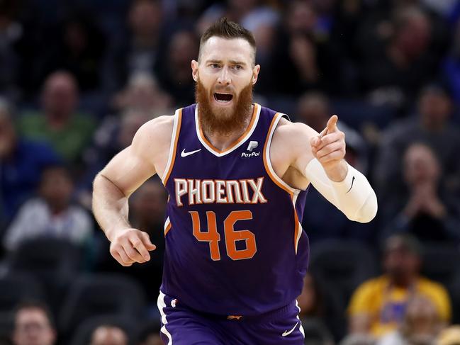 SAN FRANCISCO, CALIFORNIA - OCTOBER 30:  Aron Baynes #46 of the Phoenix Suns reacts after making a basket against the Golden State Warriors at Chase Center on October 30, 2019 in San Francisco, California.  NOTE TO USER: User expressly acknowledges and agrees that, by downloading and or using this photograph, User is consenting to the terms and conditions of the Getty Images License Agreement. (Photo by Ezra Shaw/Getty Images)