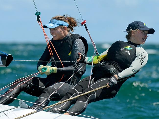 Tess Lloyd / Caitlin Elks (AUS) Racing -Day 4 / 49er FX ISAF Sailing World Cup - Melbourne Sandringham Yacht Club Monday 8 December 2014 Â© Sport the library / Jeff Crow