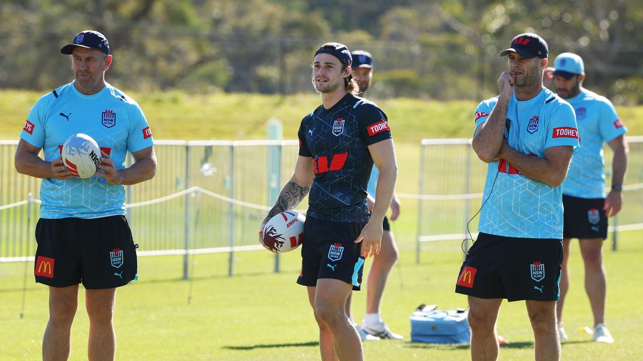 The Daily Telegraph 29.5.2024 Nicho Hynes watches on at training. Westpac NSW Blues State of Origin Team training session at Leura Blue Mountains Grammar School. Picture: Rohan Kelly
