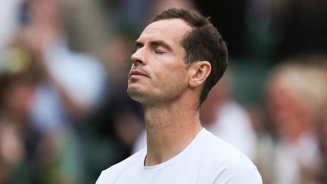 “I don’t want to stop; so it’s hard,” Andy Murray of Great Britain fights back tears following defeat in the Gentlemen’s Doubles first round match with Jamie Murray against Rinky Hijikata and John Peers of Australia during day four of The Championships Wimbledon. Picture: Francois Nel/Getty Images