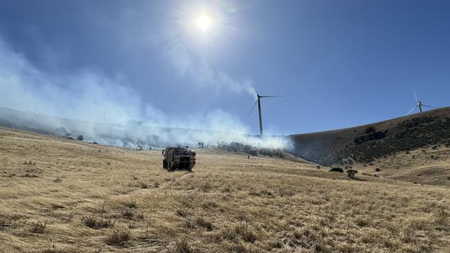 Pacific Blue’s wind turbine farm in Redhill has been scorched by a turbine and grass fire. Picture: CFS