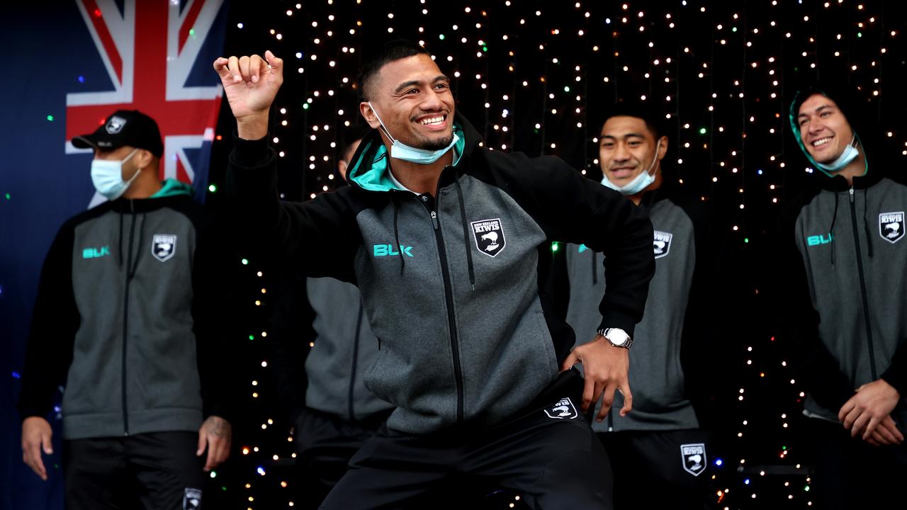 Ronaldo Mulitalo of the Kiwis dances on stage ahead of the International Rugby League test Match between New Zealand and Tonga. Picture: Phil Walter