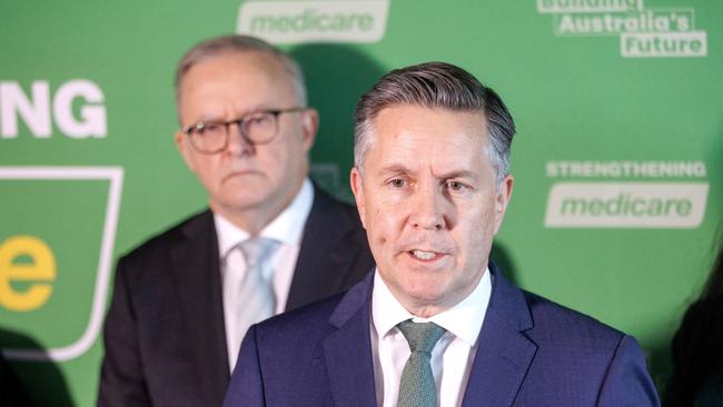 Health Minister Mark Buttler at a press conference with Anthony Albanese at the Burwood Health Care centre. Picture: David Geraghty/NewsWire