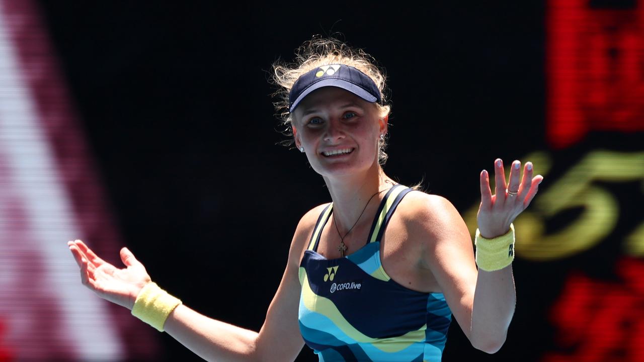 Dayana Yastremska celebrates her shock win over No. 18 seed Victoria Azarenka. Picture: Getty