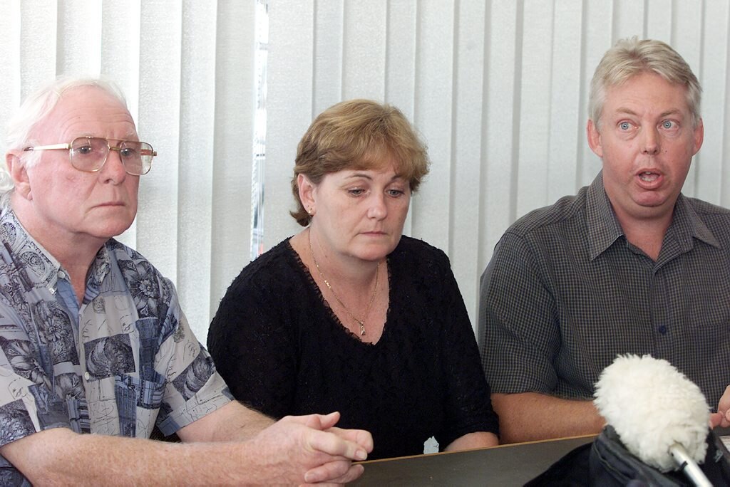 Grandfather of Daniel Morcombe, Kevin Beavis, mother Denise and father Bruce at the press conference at Maroochydore Police station in 2003. Picture: Nicholas Falconer