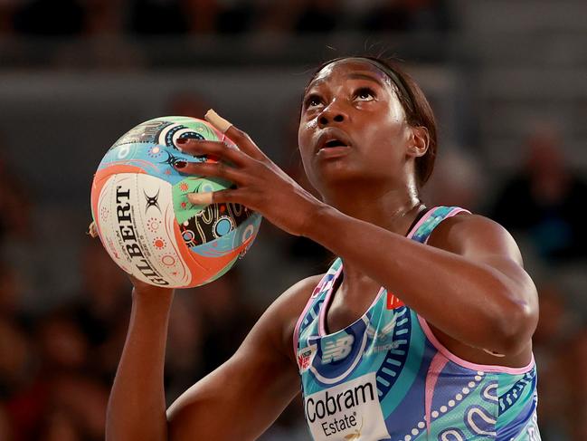 MELBOURNE, AUSTRALIA - MAY 26: Shimona Jok of the Mavericks shoots during the round seven Super Netball match between Melbourne Mavericks and Giants Netball at John Cain Arena, on May 26, 2024, in Melbourne, Australia. (Photo by Kelly Defina/Getty Images)