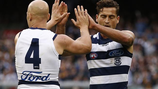 Luke Dahlhaus and Gary Ablett are thriving in Geelong’s selfless environment. Picture: AAP Images 