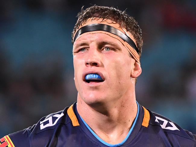 Jarrod Wallace  of the Titans looks on during the Round 14 NRL match between the Gold Coast Titans and the New Zealand Warriors at CBus Super Stadium on the Gold Coast, Friday, June 14, 2019.  (AAP Image/Dave Hunt) NO ARCHIVING, EDITORIAL USE ONLY