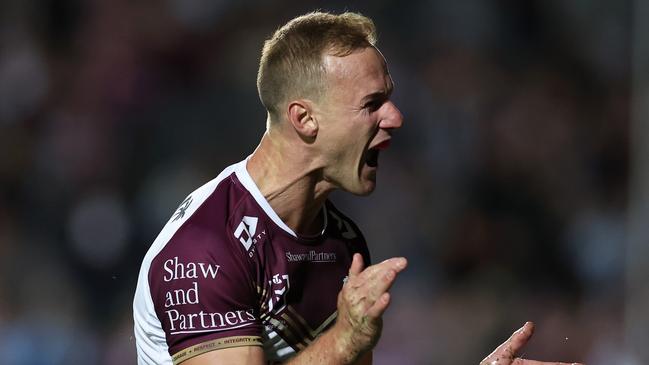 SYDNEY, AUSTRALIA - APRIL 26:  DalyÃÂ Cherry-Evans of the Sea Eagles celebrates after scoring a try during the round eight NRL match between Manly Sea Eagles and Parramatta Eels at 4 Pines Park on April 26, 2024, in Sydney, Australia. (Photo by Cameron Spencer/Getty Images)