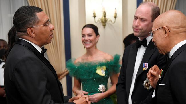 Prime Minister of Jamaica Andrew Holness, Catherine, Duchess of Cambridge, Prince William, Duke of Cambridge and Governor General of Jamaica Patrick Allen. Picture: Getty Images