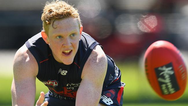 Clayton Oliver of the Demons marks during the Melbourne pre-season training at Gosch's Paddock.