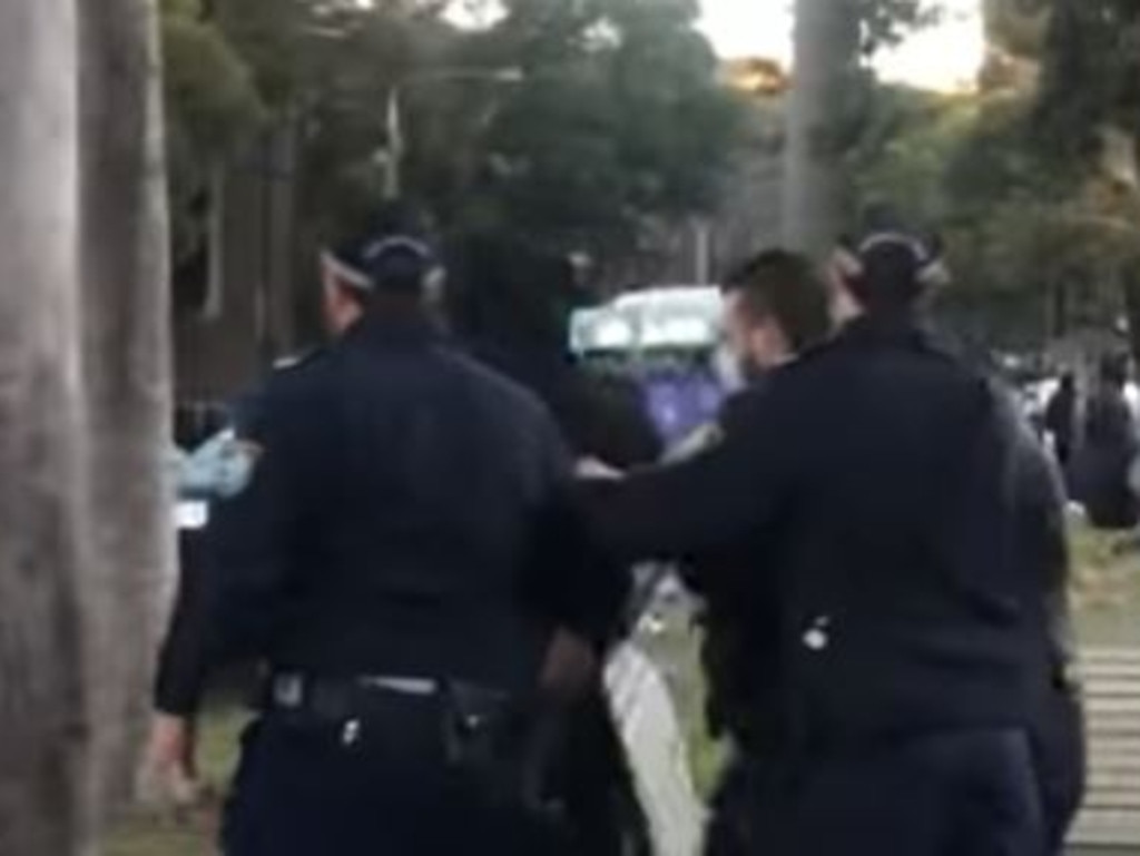 Officers leading away a man from the park. Picture: 7 News