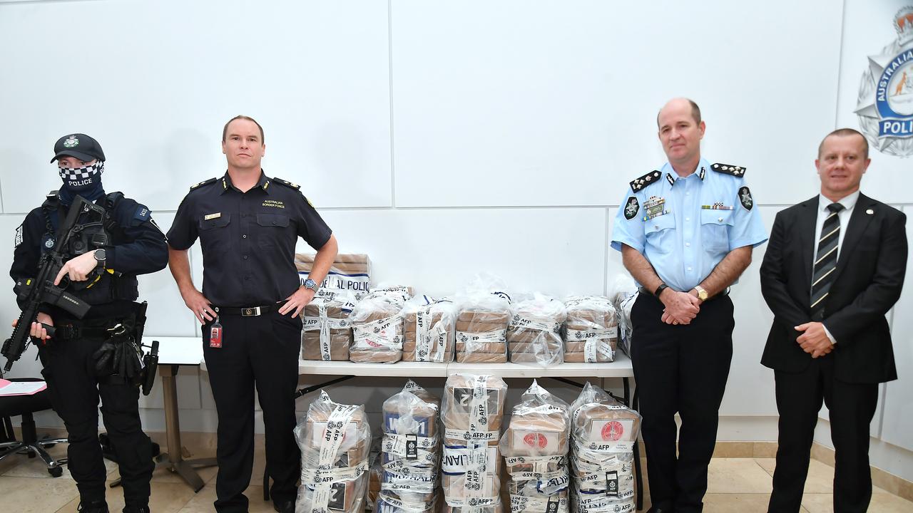 Acting Assistant Commissioner James Copeman, Australian Border Force, Commander Stephen Jay, Australian Federal Police and Detective Acting Chief Superintendent Craig Morrow, Queensland Police Service. Photo: NewsWire / John Gass