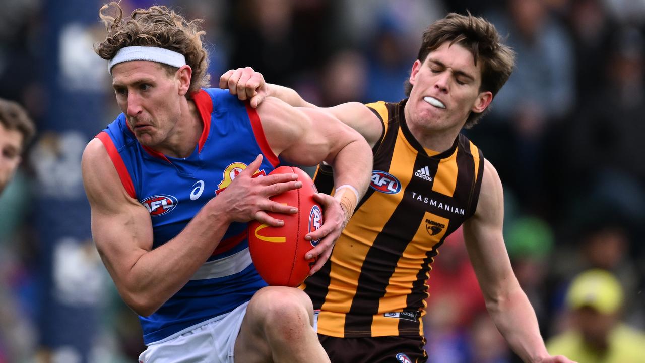 Aaron Naughton will be critical if the Bulldogs are to score an upset finals win over Fremantle in Perth. Picture: Getty Images