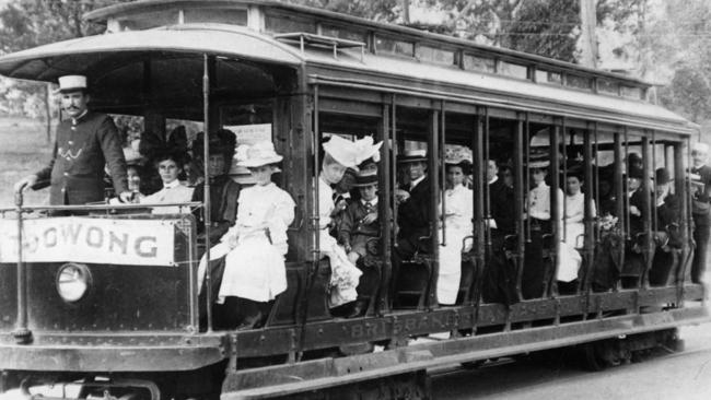 One of Brisbane’s original trams filled with passengers and bound for Toowong.