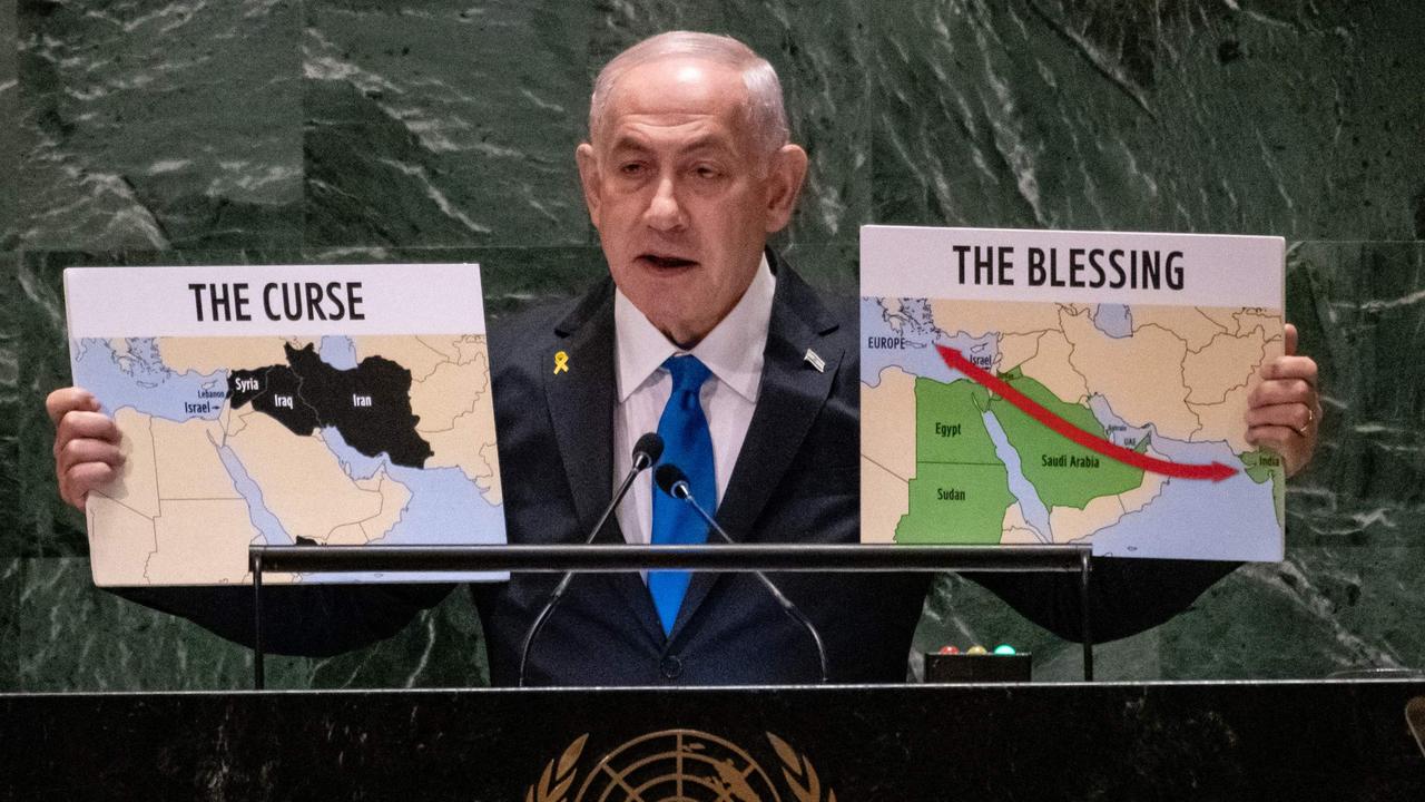 Israeli Prime Minister Benjamin Netanyahu speaks during the United Nations General Assembly in New York on Frdiay. (Photo by STEPHANIE KEITH / GETTY IMAGES NORTH AMERICA / Getty Images via AFP)