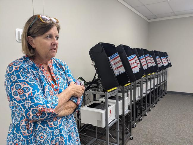 Veronica Johnson, director of elections and registration at the Lee County Board of Elections and Registration, speaks next to voting machines ahead of poll worker training in Leesburg, Georgia on October 2, 2024. Picture: Becca Milfield/AFP