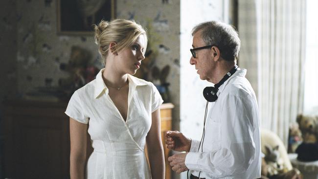 Scarlett Johansson with director Woody Allen on the set of <i>Match Point</i>.