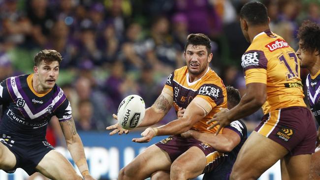 Matt Gillett of the Broncos passes the ball during the Round 1 NRL match between Melbourne Storm and the Brisbane Broncos at AAMI Park in Melbourne, Thursday, March 14, 2019. (AAP Image/Daniel Pockett) NO ARCHIVING, EDITORIAL USE ONLY