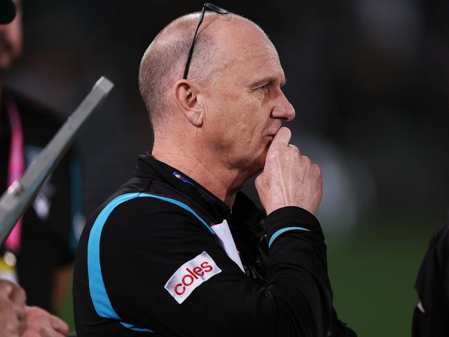 ADELAIDE, AUSTRALIA - SEPTEMBER 16: Ken Hinkley, Senior Coach of the Power during the 2023 AFL Second Semi Final match between the Port Adelaide Power and the GWS GIANTS at Adelaide Oval on September 16, 2023 in Adelaide, Australia. (Photo by James Elsby/AFL Photos via Getty Images)