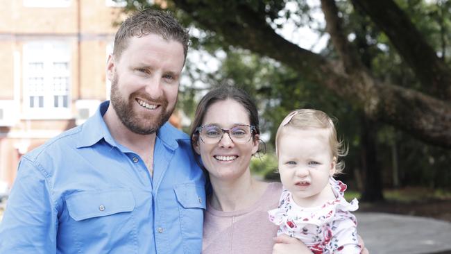 Casino mother Melinda McLennan with husband Simon and daughter Evie. Mrs McLennan is calling for the establishment of a Mother and Babies Unit in northern NSW. Picture: Liana Boss