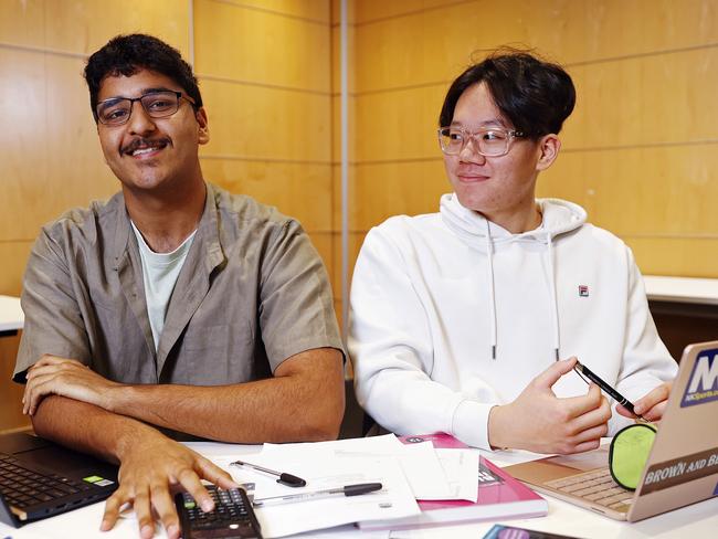 WEEKEND TELEGRAPH - 27.9.23MUST NOT PUBLISH BEFORE CLEARING WITH WEEKEND PIC EDITOR - HSC students from Sydney Boys High School Subhan Mustafa (left) and Zhangbo Wang (right) pictured using the new AI maths tutor Zookal today. Picture: Sam Ruttyn