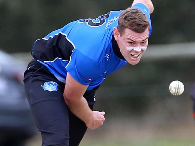 Trent Waring of Greenvale bowling to Nishal Perera of Essendon during the Premier Cricket: Greenvale v Essendon at Greenvale Reserve on Saturday, October 7, 2017, in Greenvale, Victoria, Australia.Picture: Hamish Blair