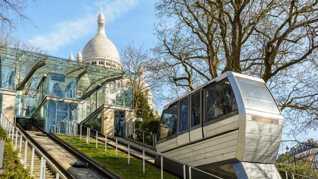 The Montmartre funiculaire and Sacre Coeur Basilica, one of Paris' major landmarks.