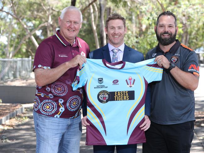 Renowned rugby league school Keebra Park have signed a deal with Intrust Super Cup club Easts Tigers. Keebra Park Coach Glenn Campbell with Principal Adam Brandis and Easts Tigers Development Manager Steven Peoples. Picture Glenn Hampson.
