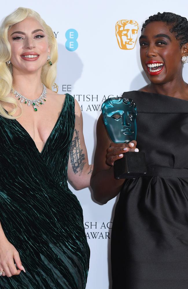 Lady Gaga and Lashana Lynch, winner of the Rising Star award 2022 pose in the winners room during the EE British Academy Film Awards. Picture: Getty