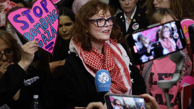 Oscar-winning actress Susan Sarandon talks to journalists with demonstrators from Code Pink for Peace while rallying in support of Palestinians and to demand a cease fire in Gaza outside the Capitol Hill offices. Picture: Chip Somodevilla/Getty Images