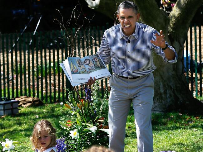 President Barack Obama read to children from the book “Where the Wild Things Are” during the annual White House Easter Egg Roll on the South Lawn April 21, 2014 in Washington, DC. Picture: Win McNamee/Getty Images