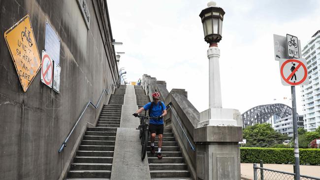 Bike stairs onto Sydney Harbour Bridge. Picture: Renee Nowytarger